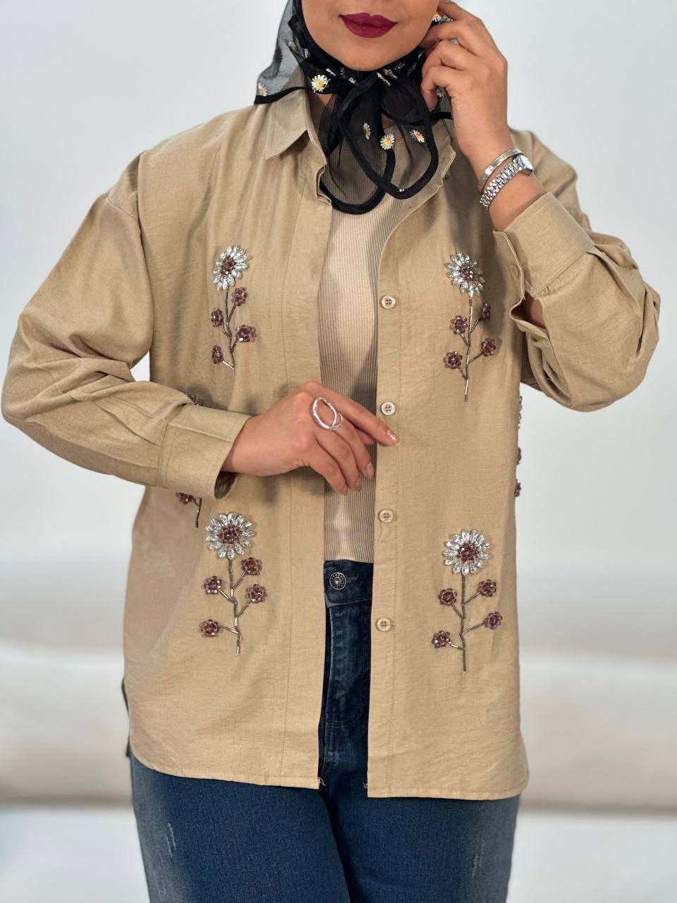 شومیز مانتویی سنگدوزی/کرپسو اعلا سنگ‌دوزی شده