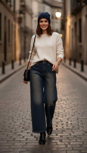 شلوار زنانه فول بگ ایزی/جین شسته شده و سنگشور شده