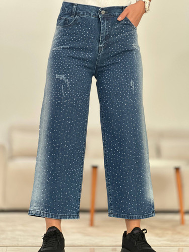 شلوار واید نگین دار زنانه/جین سنگشور شده