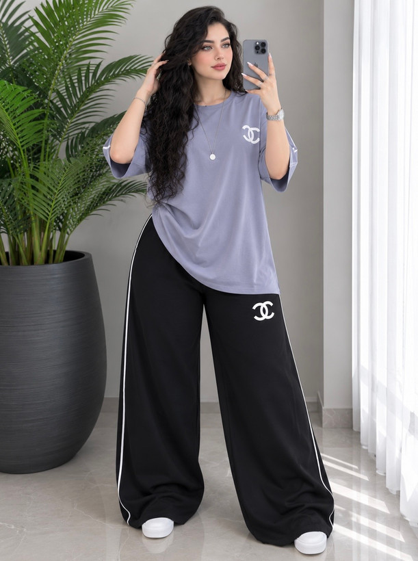 ست تیشرت شلوار زنانهchanel/گلکسی نخ پنبه