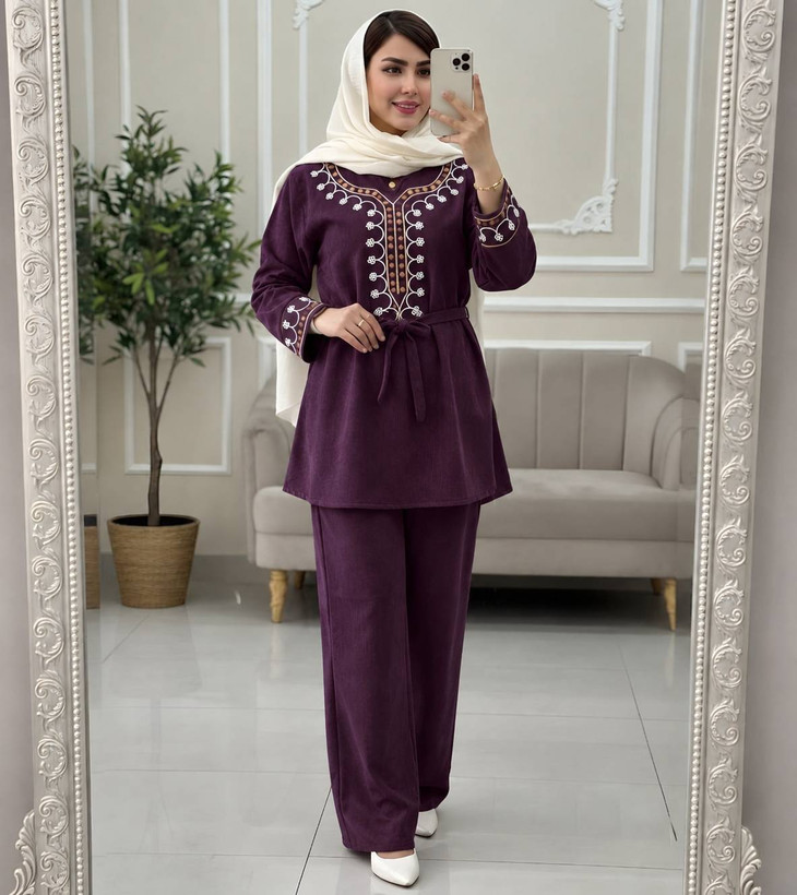 ست شومیز شلوار پاییزه شرمین/مخمل کبریتی ریز